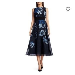 LELA ROSE Degrade Floral Black/Sapphire Boatneck Full Skirt Dress Size 6 $1,790